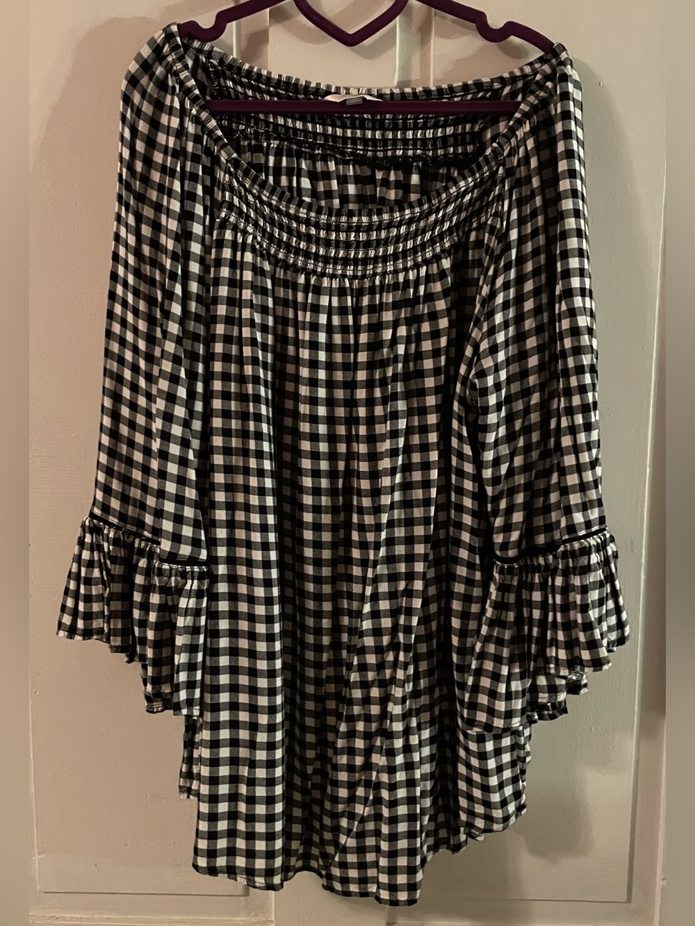 Black and White Gingham Off-Shoulder Ruffle Peasant Blouse Sz 14W